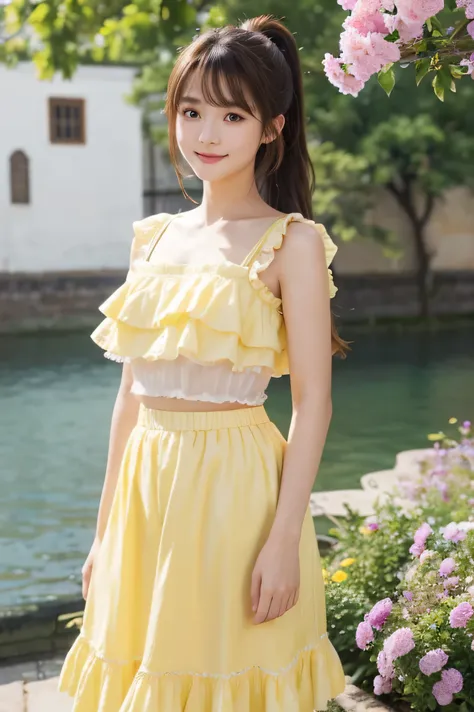 1 girl、Beautiful 15 year old girl from Prague、Smile、((brown hair))、(light yellow clothes)、(frilly skirt:1.3)、skin glowing、(Medium long hair)、(ponytail)、Eyeliner、Beautiful bangs、Hair between the eyes、((masterpiece、top quality、Sea of Flowers, Super detailed,...