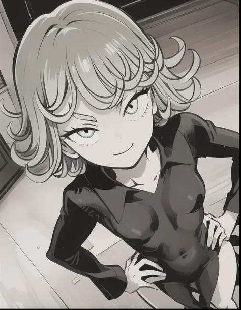 High resolution, Very detailed, Tatsumaki Tornado, Short green hair, Curly Hair, Black Dress, Long sleeve, indoor,moonlight, From above、(Focus on the face)、Place one hand on hip、get closer、Looking into the camera、Smile、Headbutt on the camera