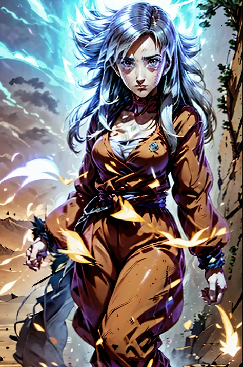 8k, best quality, masterpiece, victoria villarruel dressed as goku, 1 girl, ultra_instinct, white_hair, glowing aura, bright whi...