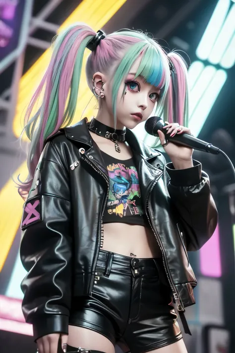 Colourful, bright atmosphere, high quality picture, masterpiece, reality, beautiful woman, big eyes, thin limbs, colourful make-up, blonde pigtails, wearing black leather jacket, hot trousers (wearing lots of metal accessories,) electric guitar Playing, on...