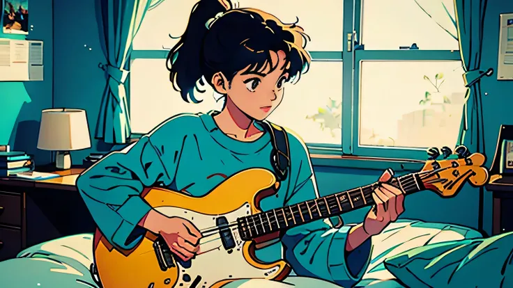 "1980s Japanese anime-style illustration of a young woman with dark shoulder-length hair in a ponytail, wearing a white oversized sweatshirt, playing a teal electric bass guitar in a cozy bedroom. She has a focused yet relaxed expression, with her left han...