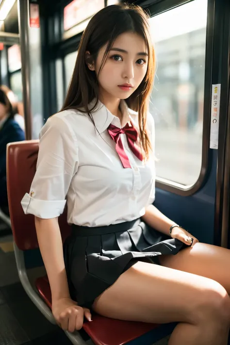 8k, RAW Portrait (Japanese women),masterpiece、Photorealistic:1.3、Realistic, Ultra-high resolution, Highest quality, Real Life Photos ,(((Showing panties:1.4)))、((A girl sitting on a chair on a Yamanote Line train and looking at her smartphone))、
((((1 girl...