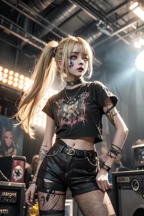 Colourful, bright atmosphere, high quality picture, masterpiece, reality, beautiful woman, big eyes, thin limbs, colourful make-up, blonde ponytail,, wearing heavy metal t-shirt,, wearing hot pants (wearing lots of metal accessories,) electric Playing guit...