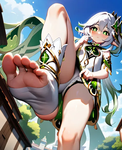 1girl, 1girl, nahida (genshin impact), genshin impact, stirrup socks, stepping,(pov from below:1.3), stepped on, pov, low angle, no shoes, feet, looking down, toes, one foot out of frame, leg lift, foot focus, barefoot, standing on one leg,  depth of field...