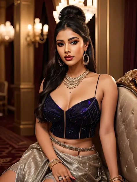 "Create an ultra-realistic image of a modern, attractive female influencer of Indian descent, aged between 27 to 30. She should have a warm and inviting smile, expressive almond-shaped eyes with a slight shimmer, and clear, glowing skin with a medium brown...