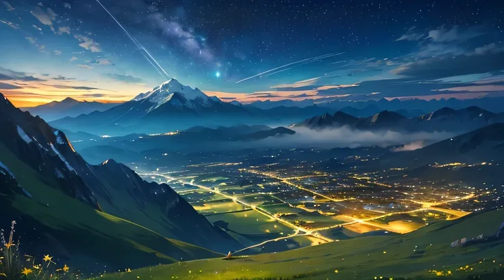 star sky, (((Star: 1.4))), night sky, night setting, view, (((Kingdom View: 1.3))), mountain 1.2, (((Masterpiece: 1.2))), beautiful view, green grassland