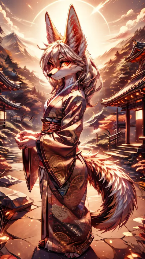 Masterpiece Best quality, the best definition to, two girl  add aesthetic and lighting details white girl jackal, egiptian clothes, teen girl, ,white body, japanese shrine landscape, golden tattoo body, sensual eyes, red pupil, glowing eyes, traditional ja...