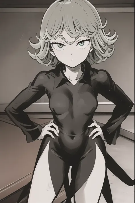 High resolution, Very detailed, Tatsumaki Tornado, Short green hair, Curly Hair, Black Dress, Long sleeve, indoor,moonlight, From above、(Focus on the face)、Place one hand on hip、approach、Looking into the camera、sexy