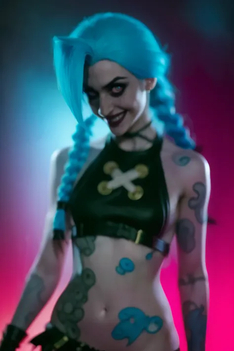 hyper realistic super detailed jinx cosplay ,(( young girl, 15 years old)) , very detailed, (hyper realistic: 1.4), ((in dynamic...