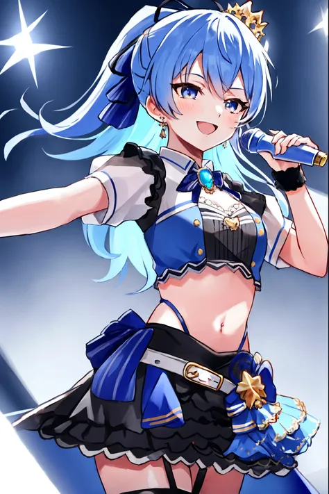 masterpiece, best quality, absurdres, 1girl, solo, Hoshimachi Suisei, light blue hair, blue eyes, happy, smile, parted lips, slender, sidelocks, ponytail, toned, 
idol, idol clothes, hololive idol uniform, bowtie, blue skirt, brooch, dress, concert, on sta...