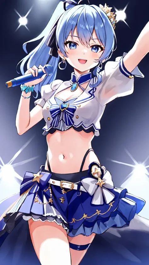 masterpiece, best quality, absurdres, 1girl, solo, Hoshimachi Suisei, light blue hair, blue eyes, happy, smile, parted lips, slender, sidelocks, ponytail, toned, 
idol, idol clothes, hololive idol uniform, bowtie, blue skirt, brooch, dress, concert, on sta...