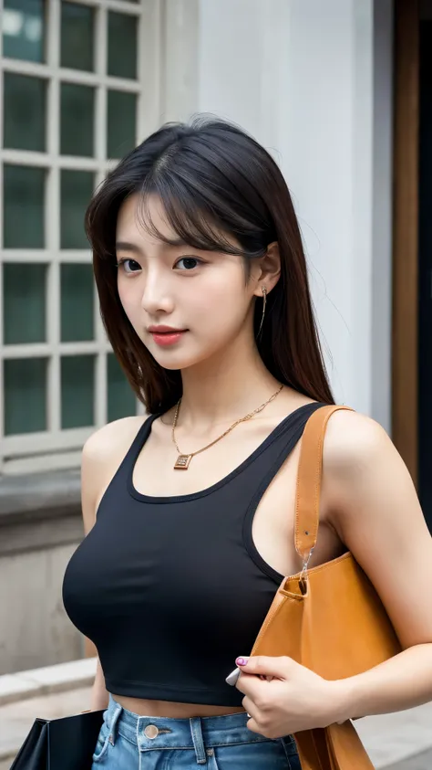 close-up of beautiful beautiful korean female, 34 inch breasts size, wearing black crop tank top, necklace, holding bag, UHD