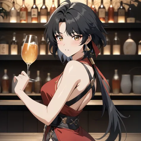 rover from wuthering waves, stylish pose, holding drink glass, anatomically correct 1girl, black hair, golden eyes, beautiful fa...