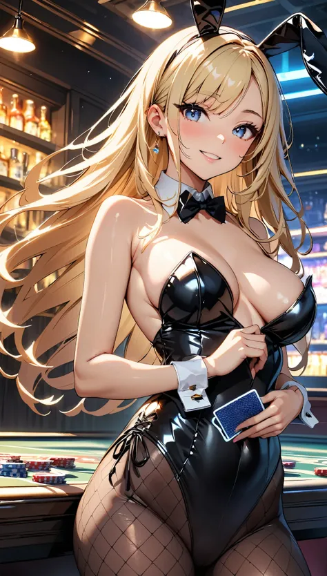 (Highest quality:1.2, Attention to detail, masterpiece:1.2, Best aesthetics), (1 girl), Cowboy Shot, ((Playboy Bunny, Fishnet tights:1.2, Bunny ears, ハイレグ leotard, 黒leotard:1.1, leotard)), (Blonde, Long Hair, Asymmetrical bangs, Light blue eyes), 美しいAttent...