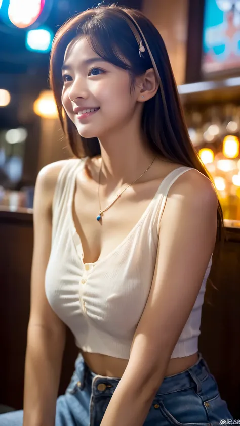 A very cute face like an idol, Looks like a young face, 20-year-old female, Gentle and cute, A kind smile, A slightly see-through white blouse, (whole body像), Cleavage, A crowded bar, Cinema lighting, Natural light, whole body, RAW Photos, Genuine, Artisti...