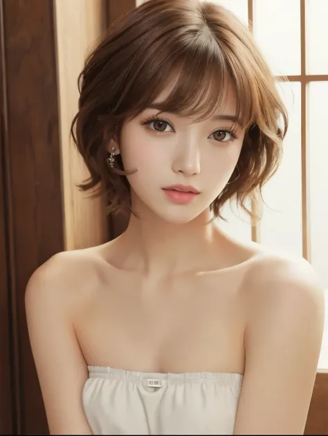 masterpiece、Highest quality、High resolution、Tabletop、wallpaper、Realistic、Bright lighting、((Small, flat chest:1.4))、Professional Lighting、Face Light、Smooth lighting、Japanese women、Adult、((Beautiful Makeup:1.2))、((Strapless camisole:1.4))、Beautiful woman、act...