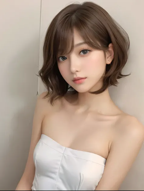 masterpiece、Highest quality、High resolution、Tabletop、wallpaper、Realistic、Bright lighting、((Small, flat chest:1.4))、Professional Lighting、Face Light、Smooth lighting、Japanese women、Adult、((Beautiful Makeup:1.2))、((Strapless camisole:1.4))、Beautiful woman、act...