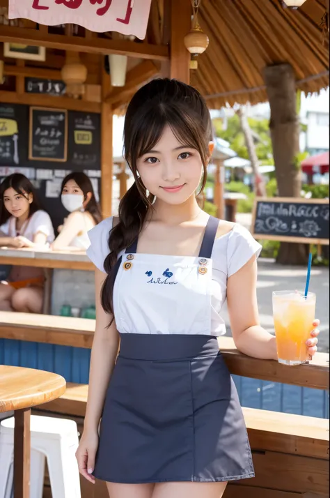 21 years old girl (Japanese cute face) is wearing apron, mini skirt and has fluits drink at the beach bar