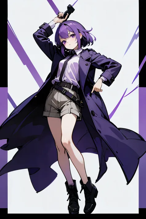 Prisoner, purple-haired loli, wearing an overcoat_side Big shirt, shorts, with a belt tied around the body 