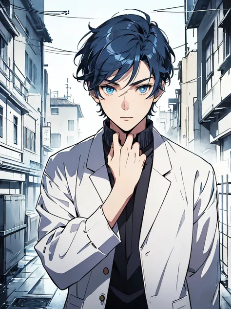 a teenager boy standing, navy blue eyes, Blue hair, mix of modern and traditional clothes, Beautiful Face, white color, 20 years old, mature look, anime art style, neon background, anime background, manga panel cover style, detailed eyes, focused eyes, bea...