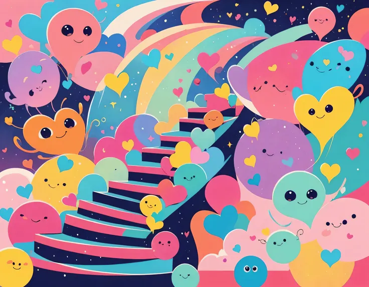 12stairs colorfull style, Simple Line Initialism，Abstract art, girls, colorful hearts, funny design, (((Cute Aliens))), The background is space, (((命)))