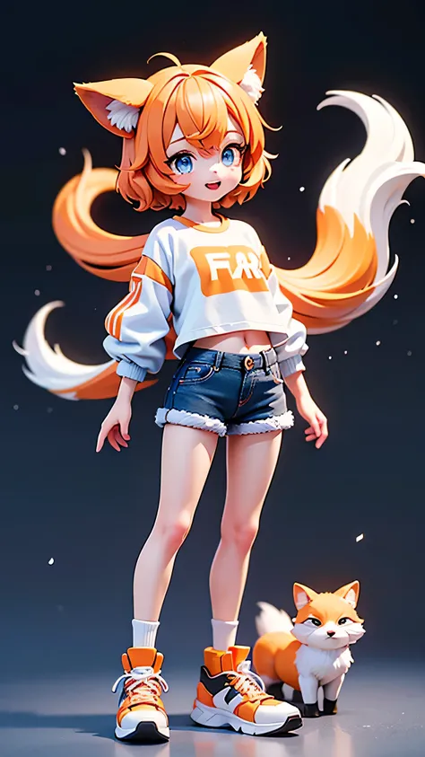 Highest quality、Highest quality、Anime style young female character。Short orange hair and fox ears、Bright Blue Eyes。The character is wearing a white ruffled top and denim shorts.、Light orange accents。The character stands in a cute fox-like pose.、On his feet...