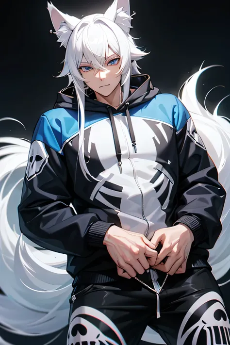 Anatomically Correct, Long Hair, White Hair, Wolf Ears, Bangs, Blue eyes, Headphones, skeleton hoodie, wolf tail, Male, piercings on wolf ears. Detail, HD, masculine.