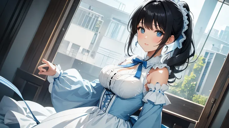 A beautiful woman wearing a light blue and white long puff sleeve dress with lots of frills and lace　Black hair ponytail with ribbon　Upper Body　lipstick　Big Breasts