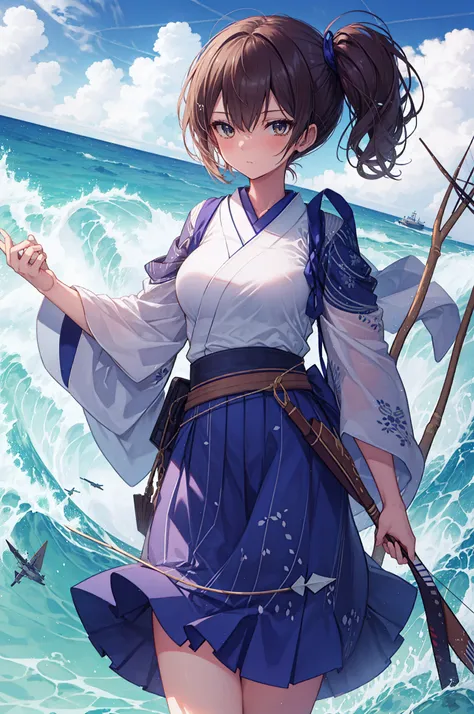 Kaga(Fleet Collection),highest quality, masterpiece, High resolution,kimono,blue skirt,side ponytail,big_breasts,solo,Japanese_bow&arrow,dynamic_posing,half_eyes,solo,plump,sea_landscape_background,waves