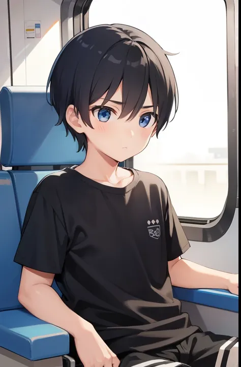 A little boy riding a bullet train,White shirt,Black shorts,Very Short Hair,blue eyes,