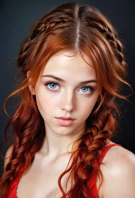 Ultra-real photo of an 18-year-old woman, joy of the eyes. long red tousled and braided hair, sexual, Sloppy look, bright colors, Intricate details of her beautiful eyes and perfect face.