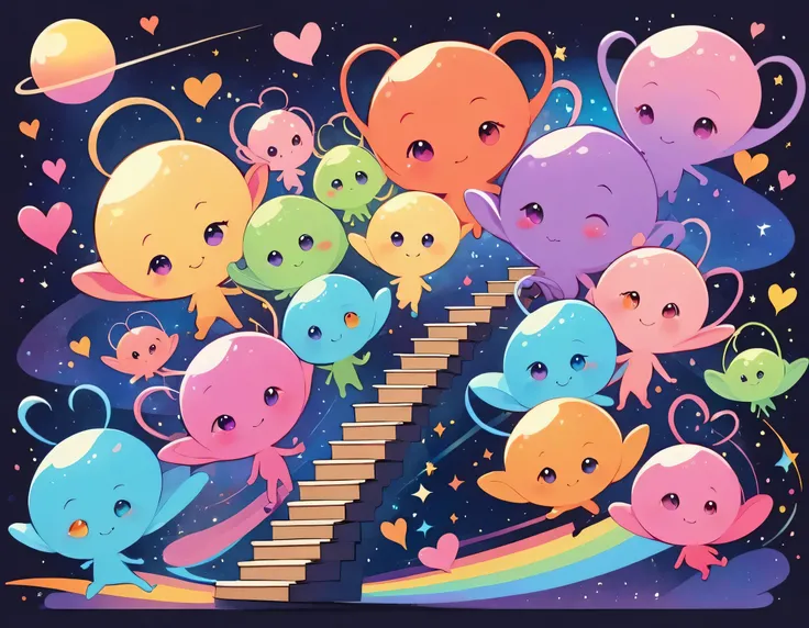 12stairs colorfull style, Simple Line Initialism，Abstract art, girls, colorful hearts, funny design, (((Cute Aliens))), The background is space