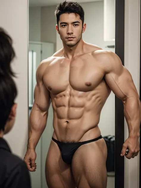 (((short hair)))，Short hair，Two bits(((40 years old handsome muscular bodybuilder with stubble standing in front of mirror))),Kiss yourself in the mirror， very handsome, Perfect facial features, No clothes, Armpit Hair, Pure black background, Fit body, Per...