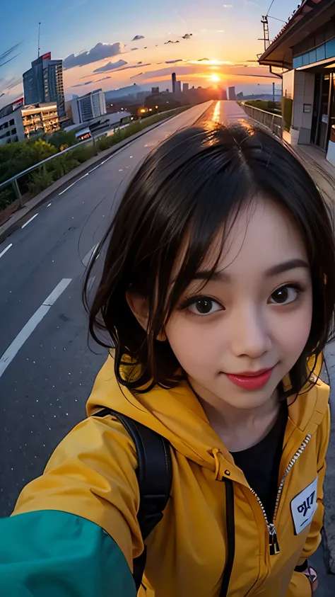 One girl, Korean, Fisheye Lens, Selfie, Wind, Messy Hair, sunset, Cityscape, (Aesthetics and atmosphere:1.2),smile