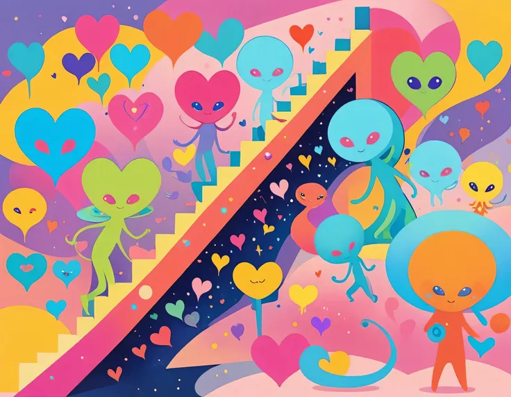 12stairs colorfull style, Simple Line Initialism，Abstract art, girls, (((colorful hearts))), funny design, (((Cute Aliens))), The background is space