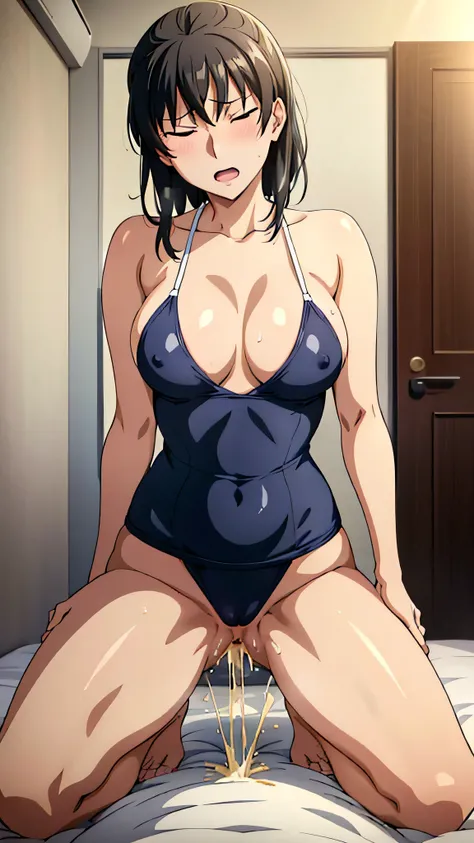 nsfw,Amagami official art,1Girl,masterpiece,Write neatly,Beautiful adult woman,Hibiki Tsukahara,Iris,Embarrassed expression,Close ~ eyes,Open your mouth,One-piece school swimsuit,ass pov,(pee from vagina),sit,First-person view,(((Peeing with force))),bedro...