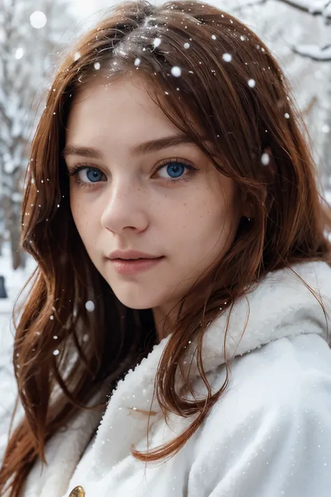 A close-up portrait of a mystical girl with striking blue eyes and vibrant red hair. She wears a luxurious fur coat that frames her face, with the thick fur adding texture and warmth to the image. Her freckled cheeks are gently highlighted, and her hair ca...