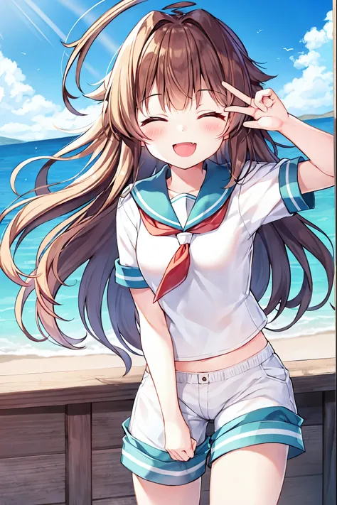 1young_teen_ girl, brown_hair, long_hair, sailor_uniform,white_ baggy_shorts, short_sleeve, thighs, small_breasts, big_smile, open_mouth, fang, harbor_landscape_background, slightly_spread_legs, happiness, covered_crotch,ahoge,XD,exciting_posing,closed_ey...