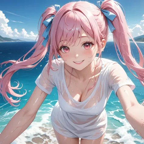 (8K, masutepiece, Best Quality, Official art, beautiful detailed, beautiful lighting, best masterpiece in history that exceeds limits), (1 Girl, Solo), (sixteen years old), (beautiful detailed face), (wet shiny white skin), (Beautiful big bust, cleavage, t...