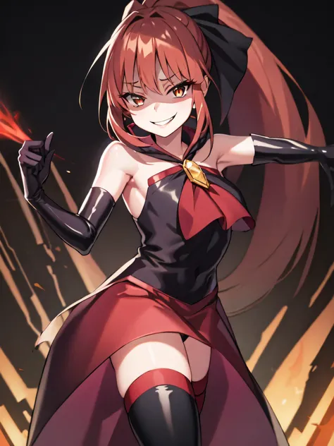 Highest quality, masterpiece, One Girl,Not beautiful, Red Ponytail, Long dress, brooch, Hair Ribbon, Black knee socks, Standing on the rubble, (Wicked Smile:1.1), ,,Dark shadowed face,Sadistic smile,Malice,Contempt,smile,latex,Bad face,,Red Skirt,two han...