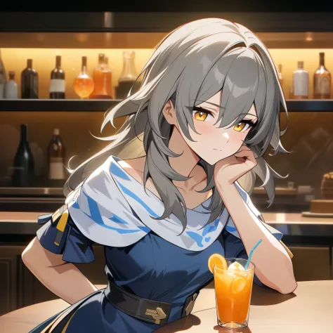 stelle from honkai star rail, stelle, stylish pose, examining drink, looking at drink, orange drink, anatomically correct 1girl,...