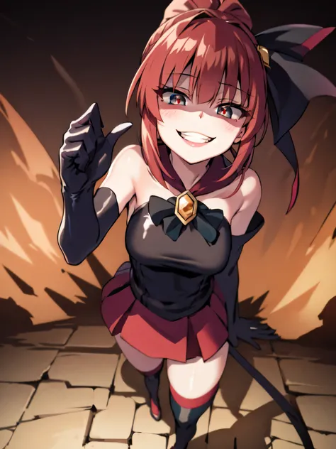 Highest quality, masterpiece, One Girl,Not beautiful, Red Ponytail, Long dress, brooch, Hair Ribbon, Black knee socks, Standing on the rubble, (Wicked Smile:1.1), ,,Dark shadowed face,Sadistic smile,Malice,Contempt,smile,latex,Bad face,,Red Skirt,two han...