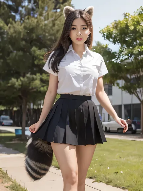 ((Highest quality, 8k)), ((masterpiece)), (Highest Resolution), Perfect Face, Woman with a raccoon tail, Female college student, Beautiful woman, public, ending, she has thick thighs, Big raccoon tail, She has a brown raccoon tail., She wags her tail, Trou...