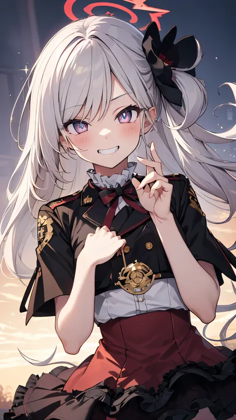 1girl,mutsukidef,(chibi:1.2),gray hair,long hair,pony tail,Fit and flare dress,halo,grin,masterpiece,Noise Reduction,perfect anatomy,high resolution, ultra-detailed, ultra-detailed face,game cg,dutch angle ,beautiful detailed eyes,visualart,five fingers, p...