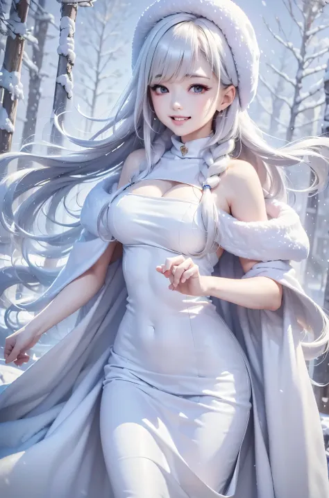 masterpiece、highest quality、1 girl, winter, white hair, cute girl, smile, close mouse, medium breasts, off shoulder, cleavage,  ...