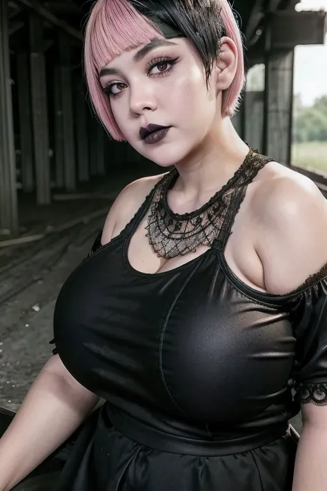 ((goth girl black lips)), (((short haircut))), a girl with a very fat bbw body naked in the middle of a dilapidated bridge, ((ne...