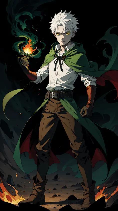 anti-heroes，dark wind，dark green and black as main colors，design 1 wizard throwing fireballs, 14-year-old boy，wearing a dark gre...