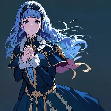 masterpiece, best quality, Marianne3Hopes, long hair, blue dress, capelet, hairband, cropped torso, closed mouth, simple background, own hands together, looking at viewer, interlocked fingers, looking up