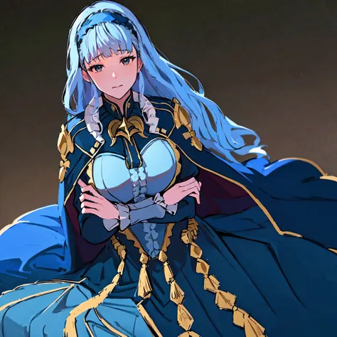 masterpiece, best quality, Marianne3Hopes, long hair, blue dress, capelet, hairband, cropped torso, closed mouth, simple background, looking at viewer, arms_under_breasts