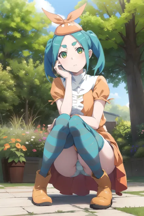 (ononoki yotsugi: 1.2), One girl, View your viewers, (Striped pantyhose), (blue and gray pantyhose), dress, (orange dress), white turtleneck collar, White frills, Have, Puff sleeves, Short sleeve, Aqua Hair, short hair, Green Eyes, Twin tails, Thick eyebro...